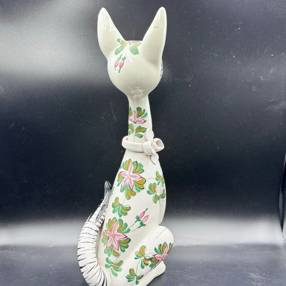 VTG Long Neck Ceramic Cat LARGE Figurine Made Italy‎ 1960s Floral W/Bow Rare 17